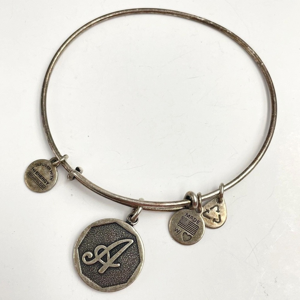 Vintage 70s Initial A Charm Bangle Bracelet Silver Tone Adjustable Retro Jewelry